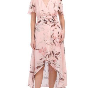 ELIZA J Printed Surplice Hi-lo Flutter Sleeve Maxi Dress Blush Multi Size 8